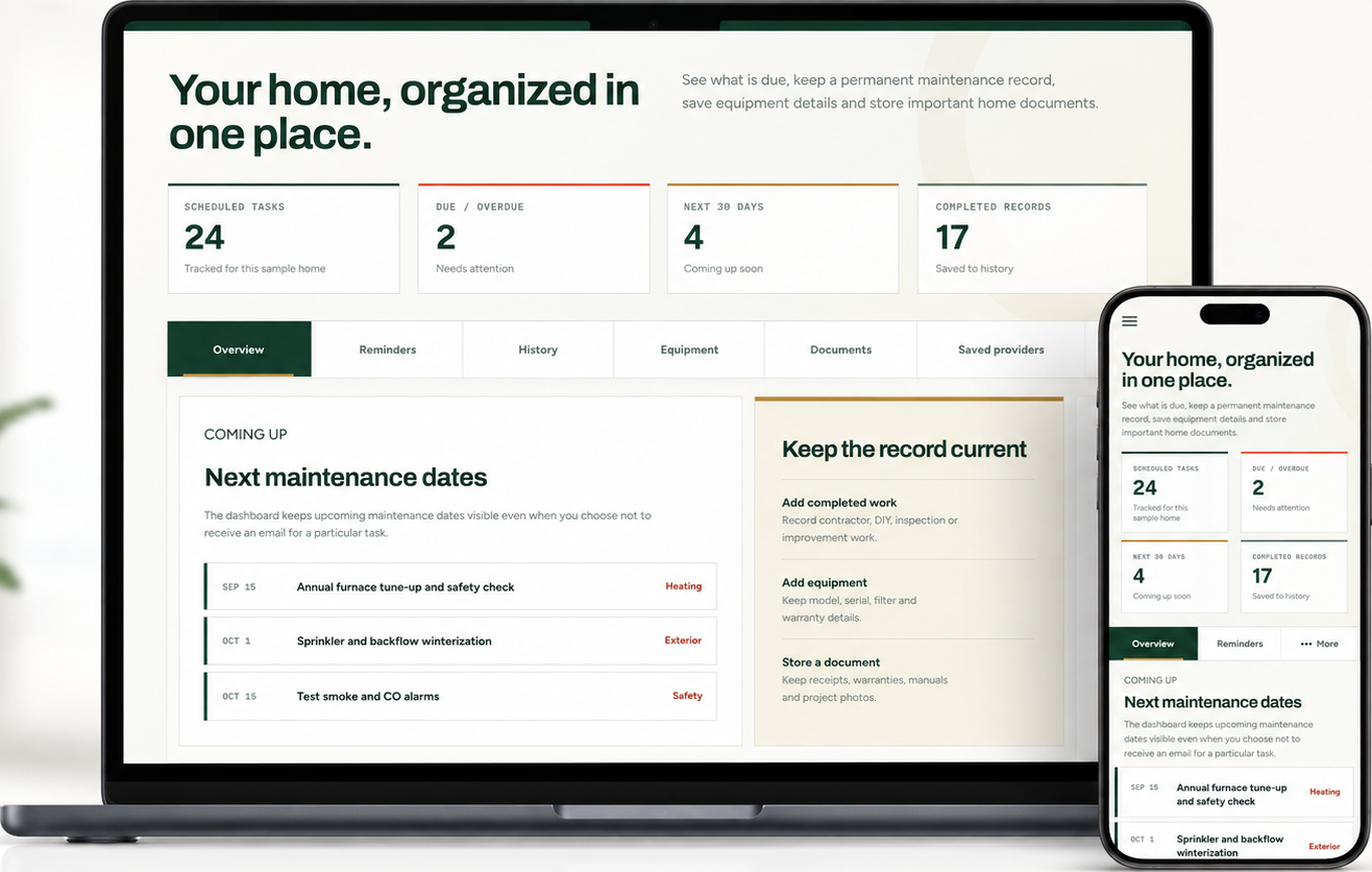 HomePlanza Home Maintenance Dashboard shown on desktop and mobile